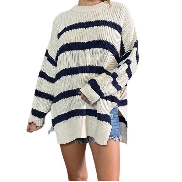 aerie Sweaters - Aerie Ivory Navy Blue Stripe Chunky Ribbed Chenille Oversized Sweater SZ XL